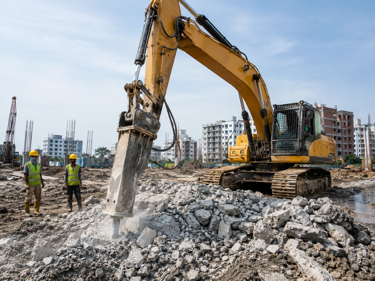 বড় construction site-এ ২০ টন হ্যামার এক্সকাভেটর কাজ করছে