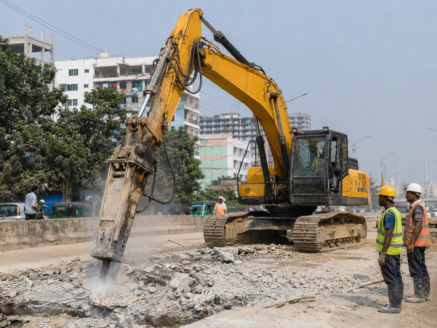 ২০ টন হ্যামার এক্সকাভেটর শহুরে সড়কে concrete breaking করছে