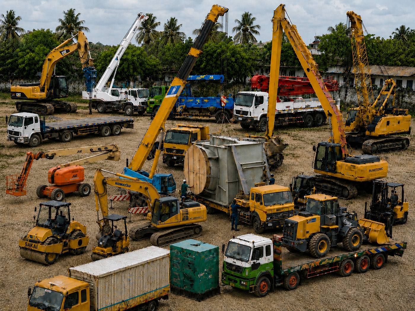 RentCTG BD — ব্যস্ত নির্মাণ সাইটে হেভী ইকুইপমেন্ট বহর — এক্সকাভেটর, ক্রেন, ডাম্প ট্রাক সহ ৫০+ মেশিন চট্টগ্রাম